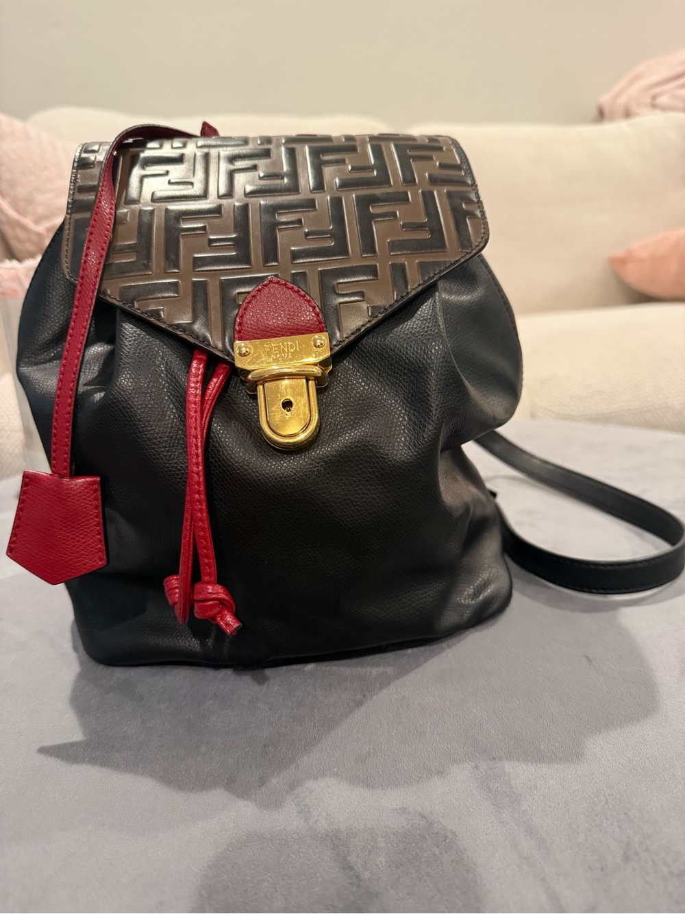 Fendi Monogram Leather Backpack with Red Trim